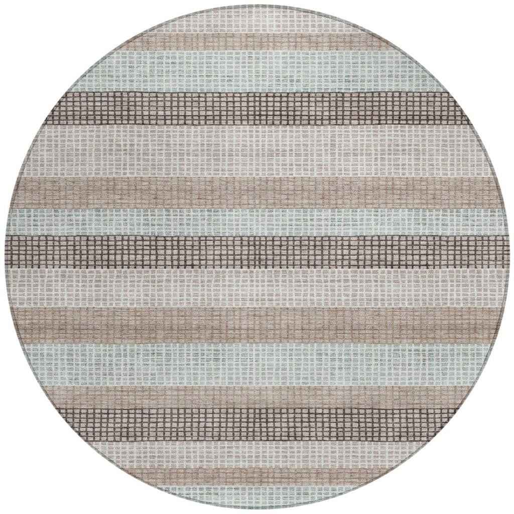 8' Taupe And Ivory Round Striped Washable Indoor Outdoor Area Rug