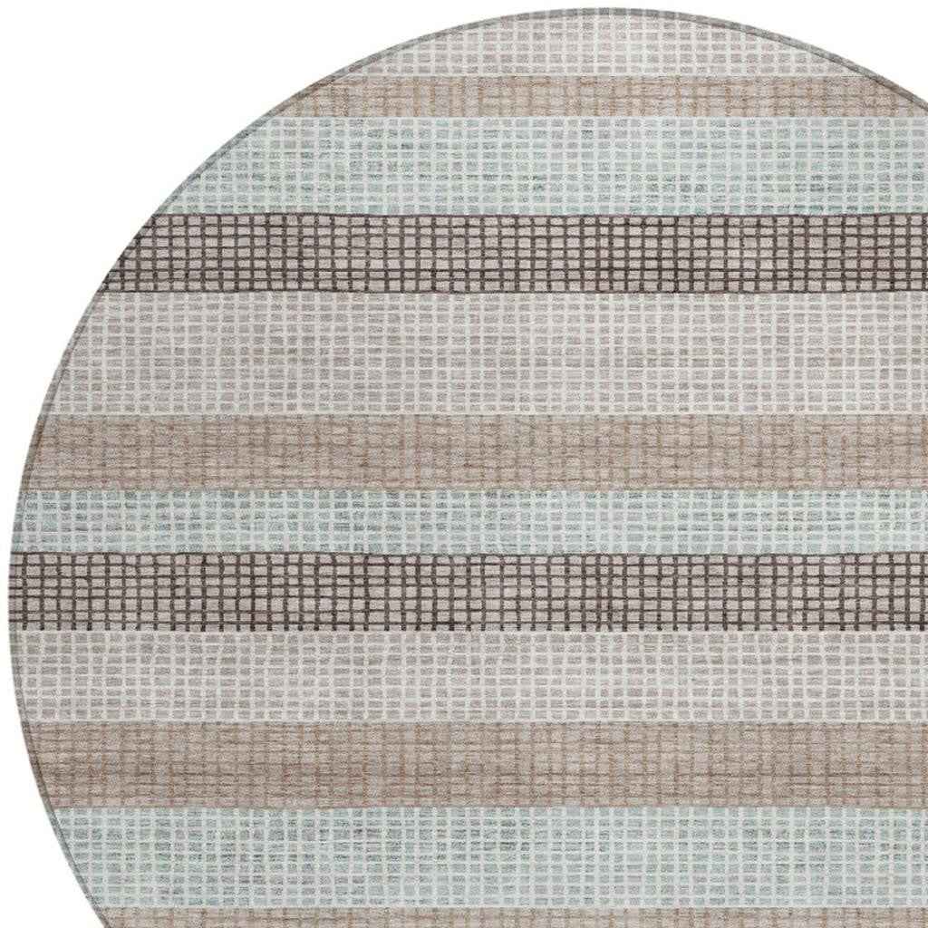 8' Taupe And Ivory Round Striped Washable Indoor Outdoor Area Rug