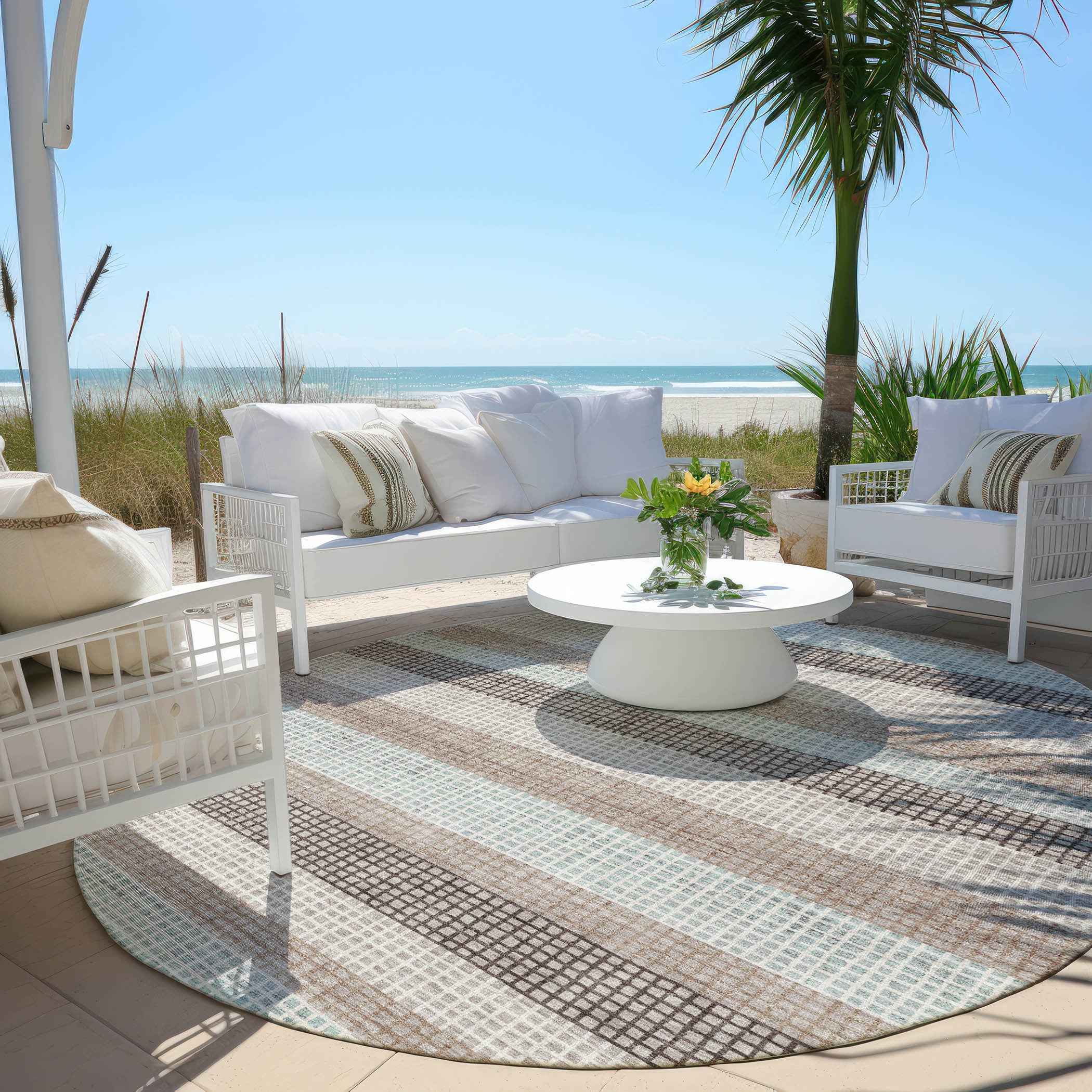 8' Taupe And Ivory Round Striped Washable Indoor Outdoor Area Rug