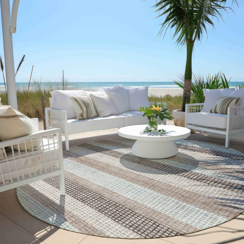 8' Taupe And Ivory Round Striped Washable Indoor Outdoor Area Rug