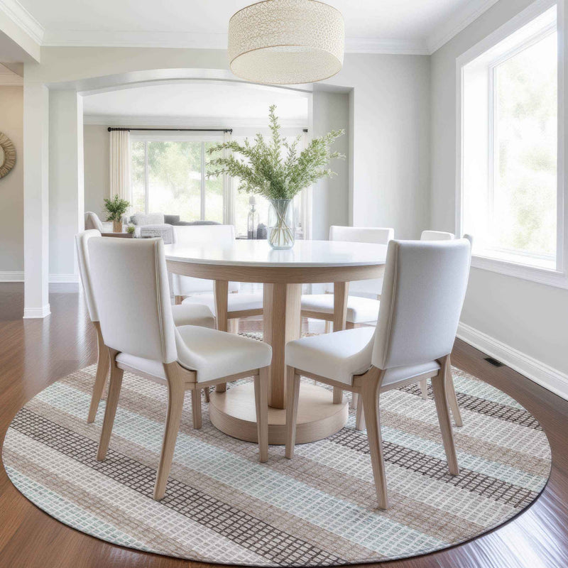 8' Taupe And Ivory Round Striped Washable Indoor Outdoor Area Rug