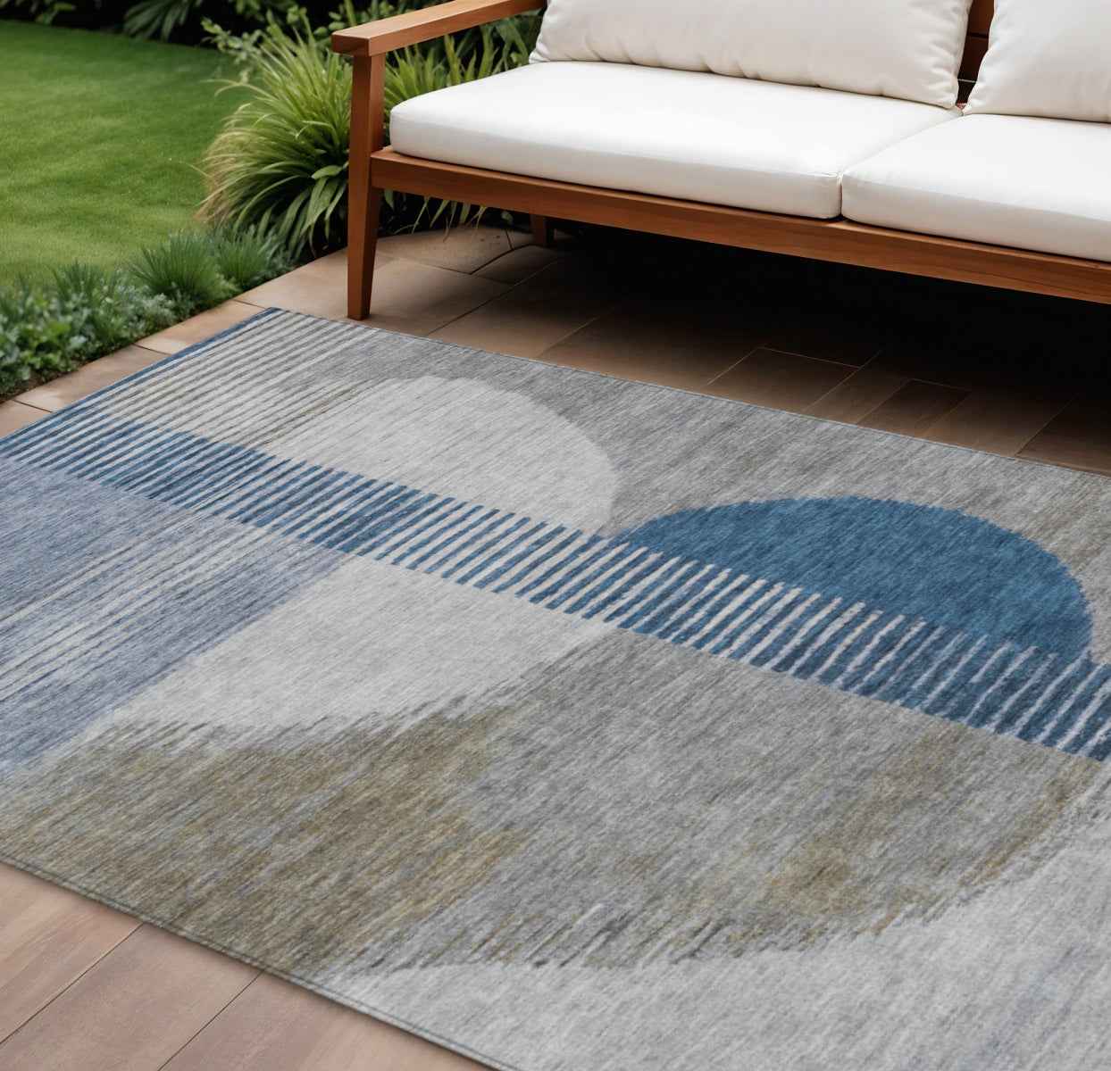 8' X 10' Denim Blue And Ivory Geometric Washable Indoor Outdoor Area Rug