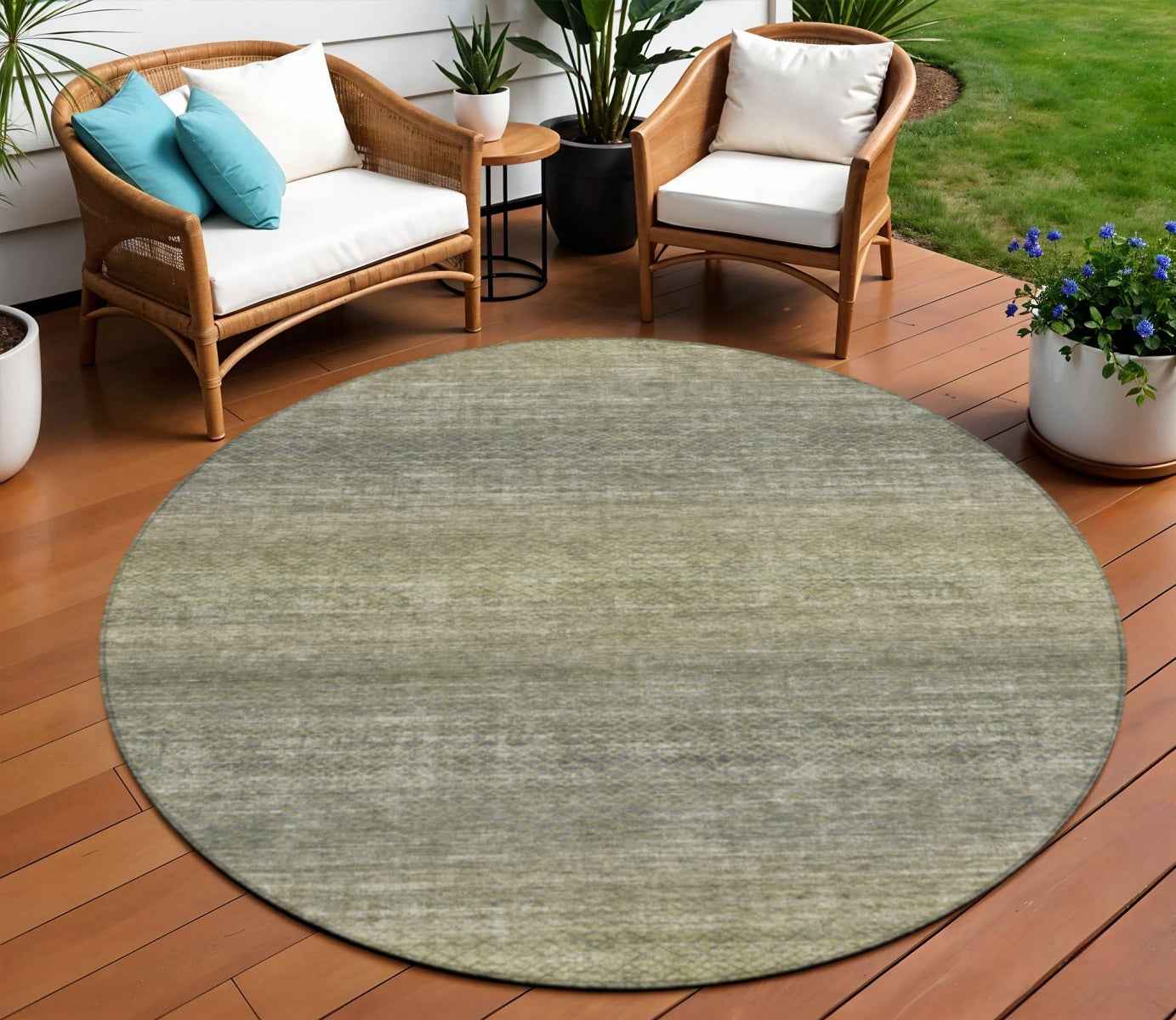 8' Fern Green And Gray Round Geometric Washable Indoor Outdoor Area Rug