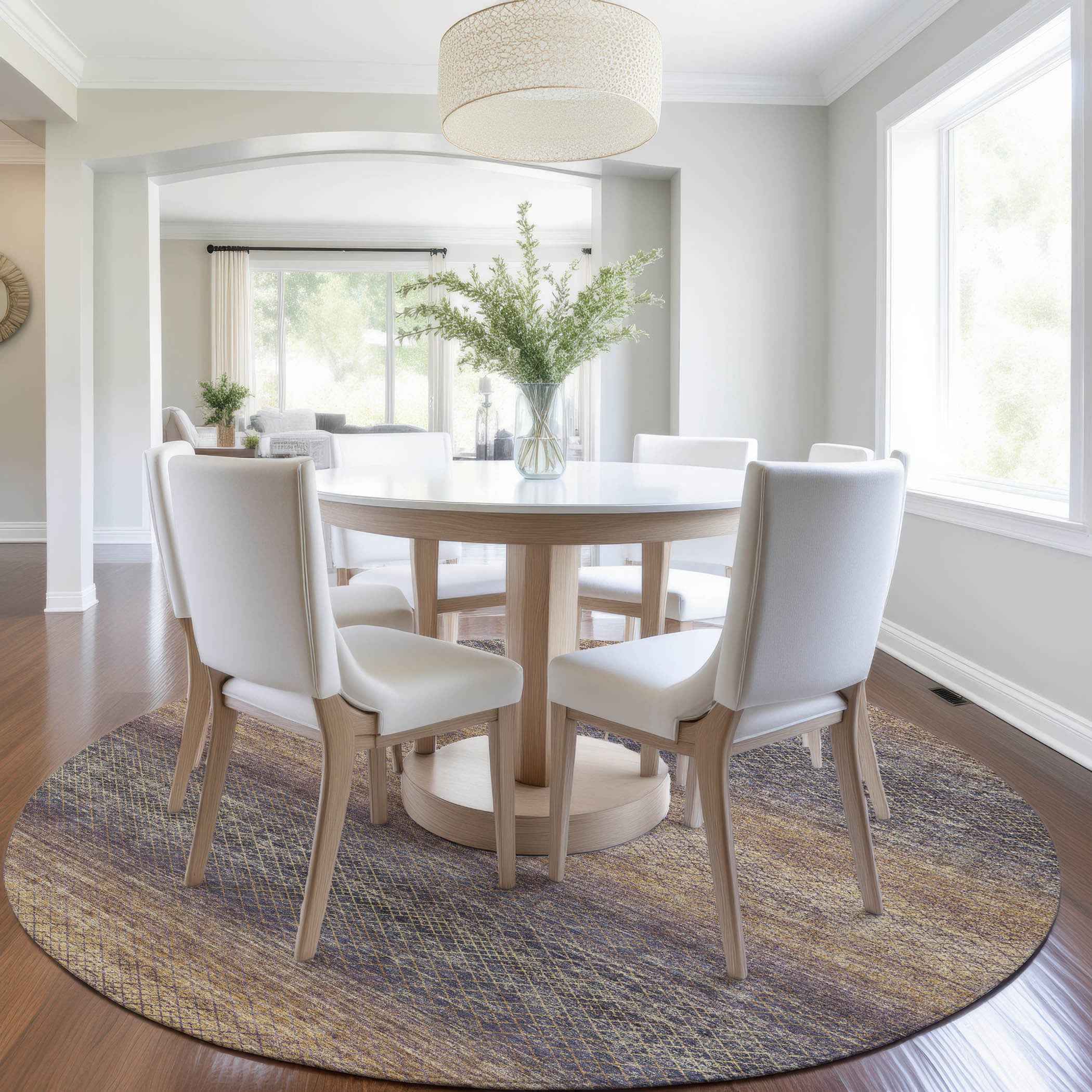 8' Eggplant And Brown Round Geometric Washable Indoor Outdoor Area Rug