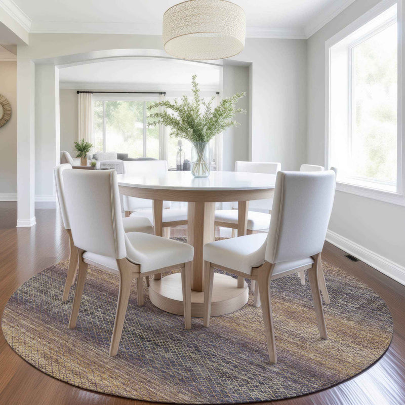 8' Eggplant And Brown Round Geometric Washable Indoor Outdoor Area Rug