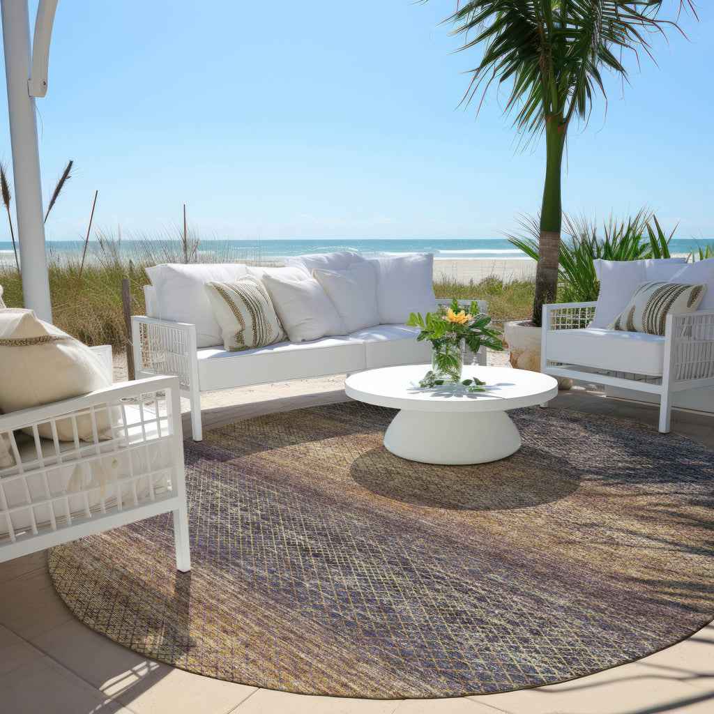 8' Eggplant And Brown Round Geometric Washable Indoor Outdoor Area Rug
