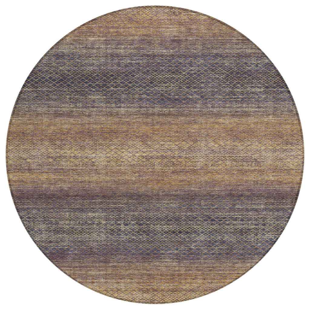 8' Eggplant And Brown Round Geometric Washable Indoor Outdoor Area Rug