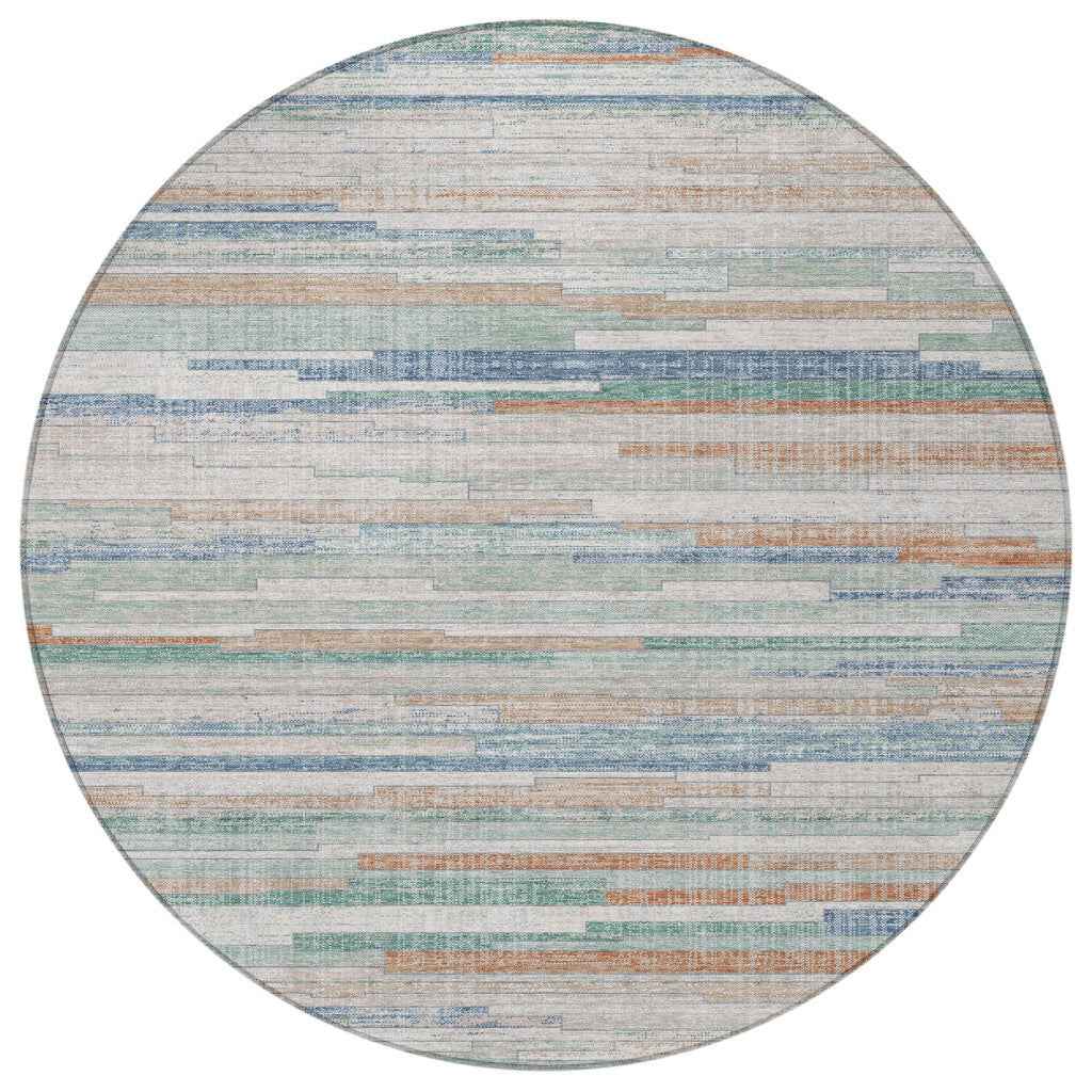 8' Linen And Pale Aqua Round Striped Washable Indoor Outdoor Area Rug