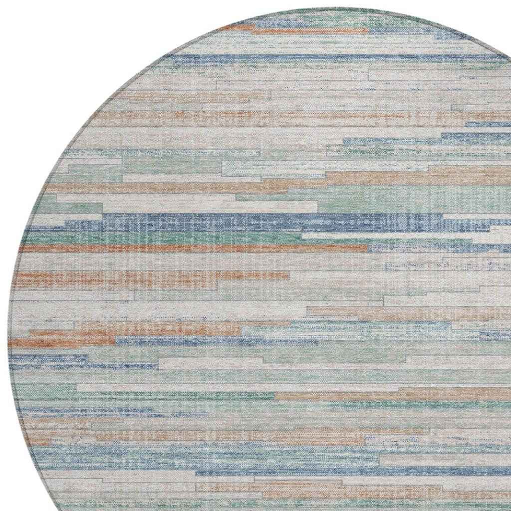 8' Linen And Pale Aqua Round Striped Washable Indoor Outdoor Area Rug
