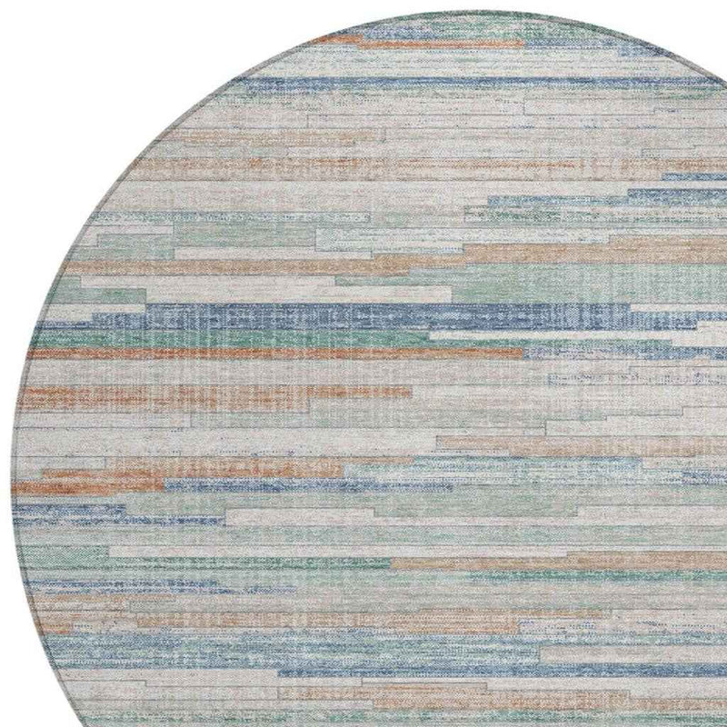 8' Linen And Pale Aqua Round Striped Washable Indoor Outdoor Area Rug