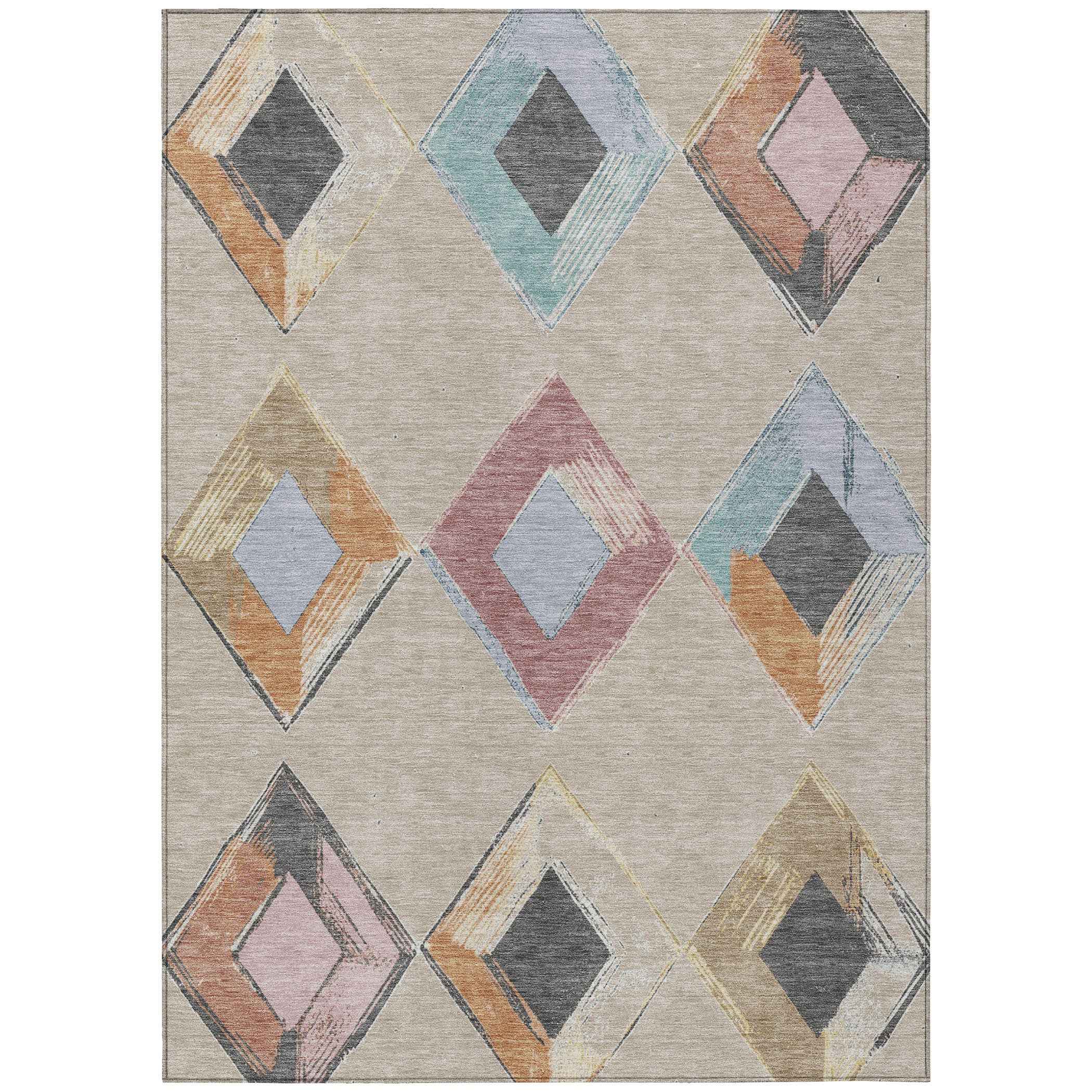 9' X 12' Beige Mauve And Charcoal Geometric Washable Indoor Outdoor Area Rug