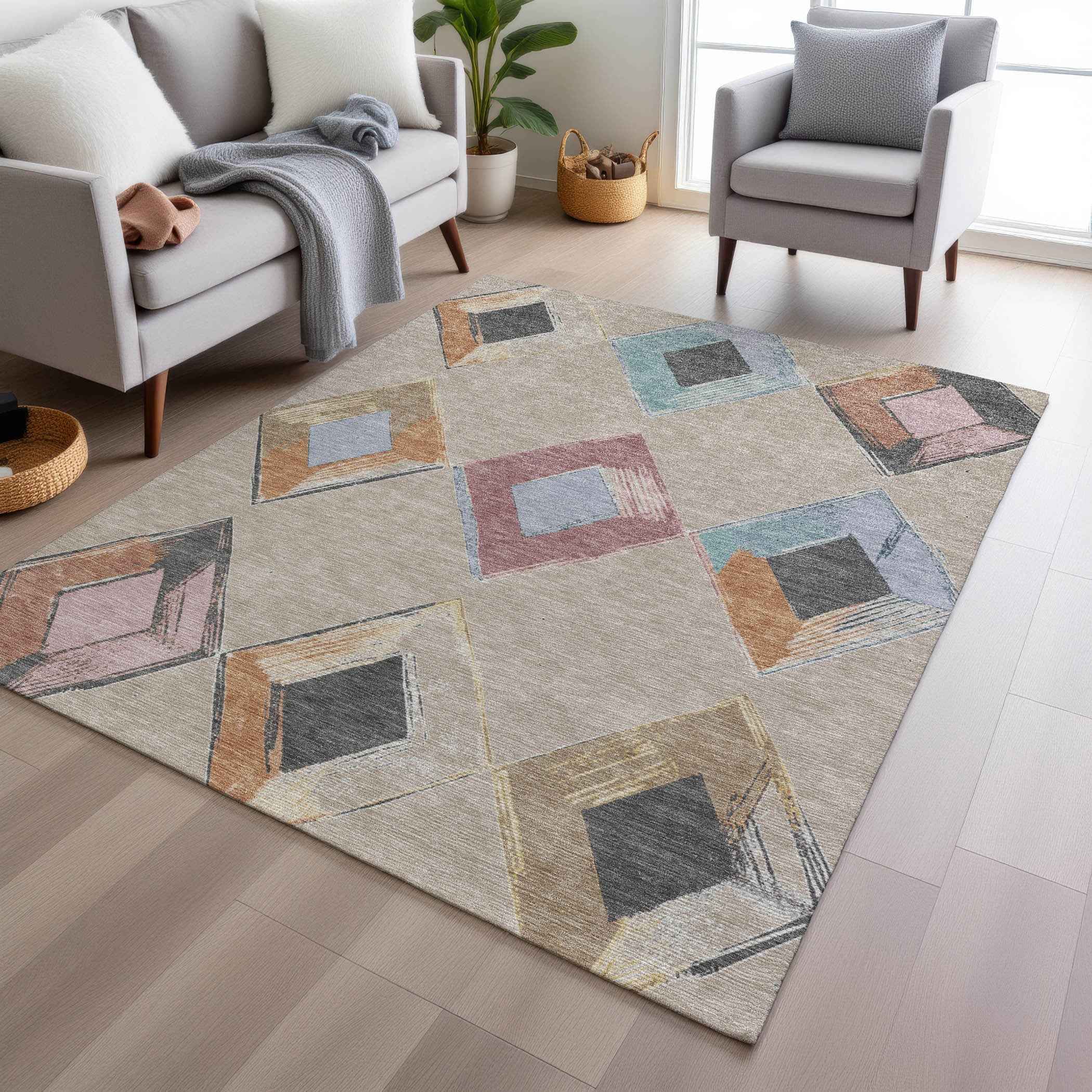 9' X 12' Beige Mauve And Charcoal Geometric Washable Indoor Outdoor Area Rug