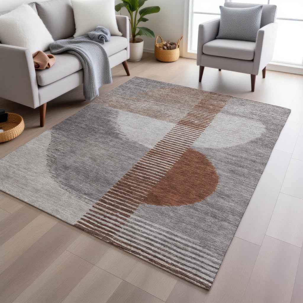 9' X 12' Taupe And Rust Geometric Washable Indoor Outdoor Area Rug