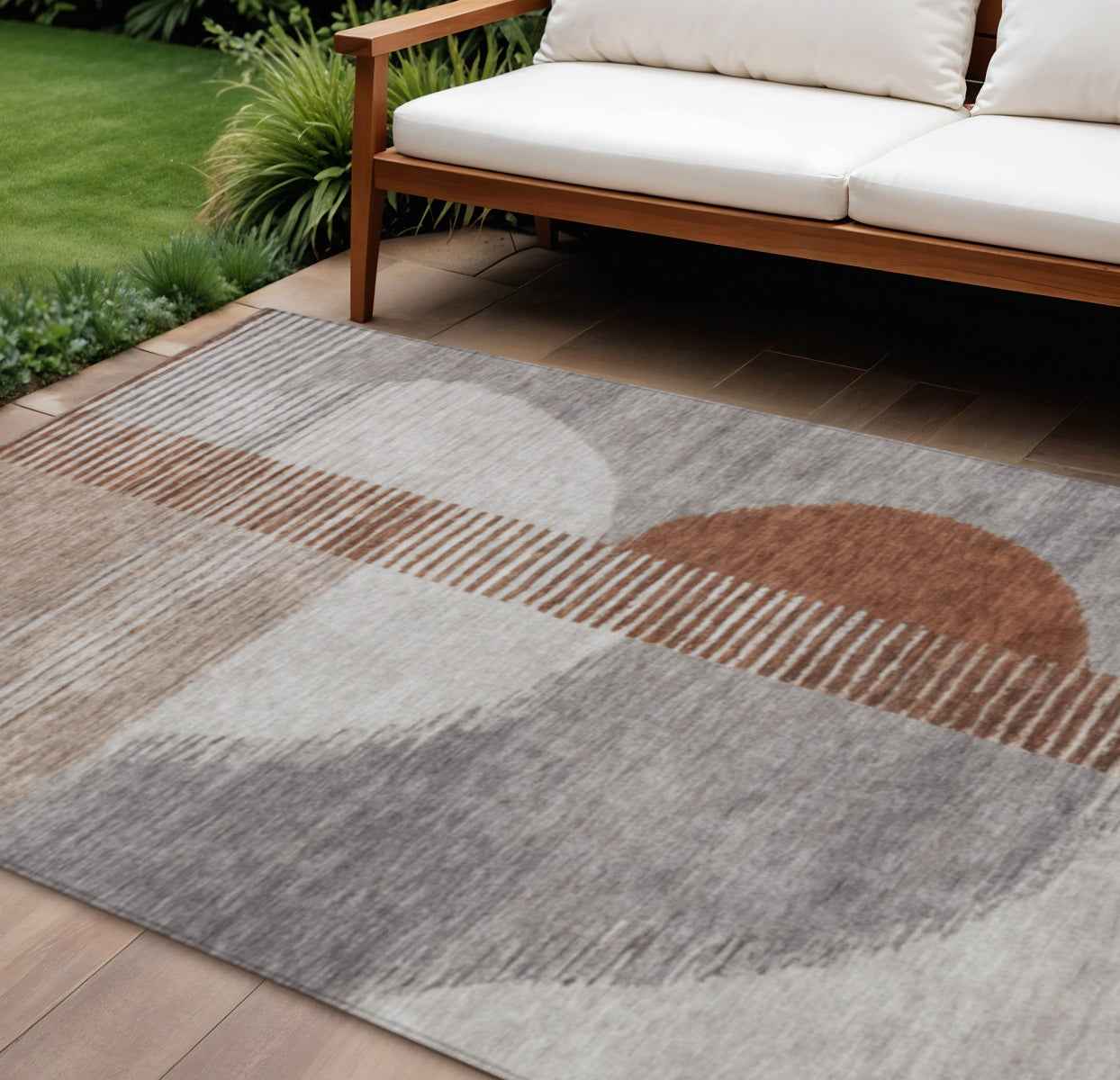 9' X 12' Taupe And Rust Geometric Washable Indoor Outdoor Area Rug