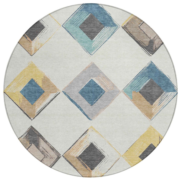 8' Ivory Gold And Gray Round Geometric Washable Indoor Outdoor Area Rug
