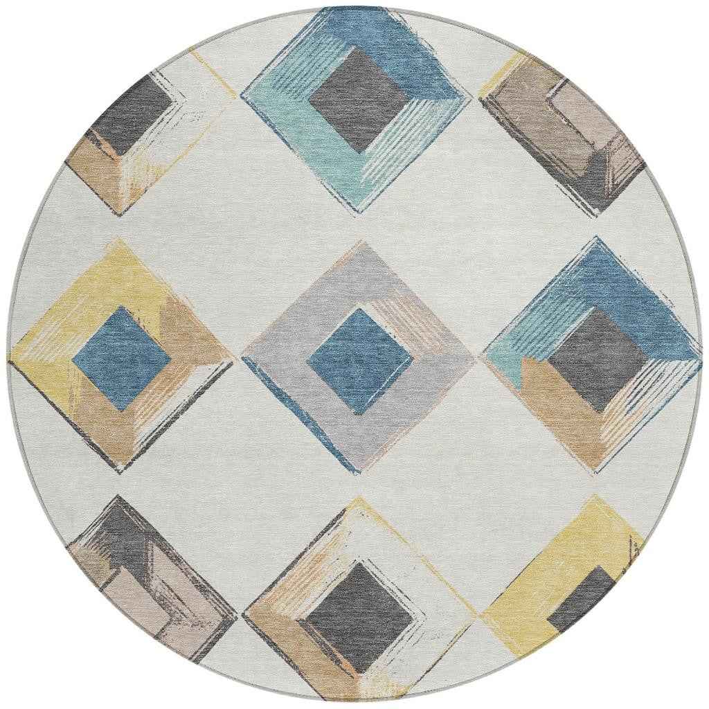 8' Ivory Gold And Gray Round Geometric Washable Indoor Outdoor Area Rug