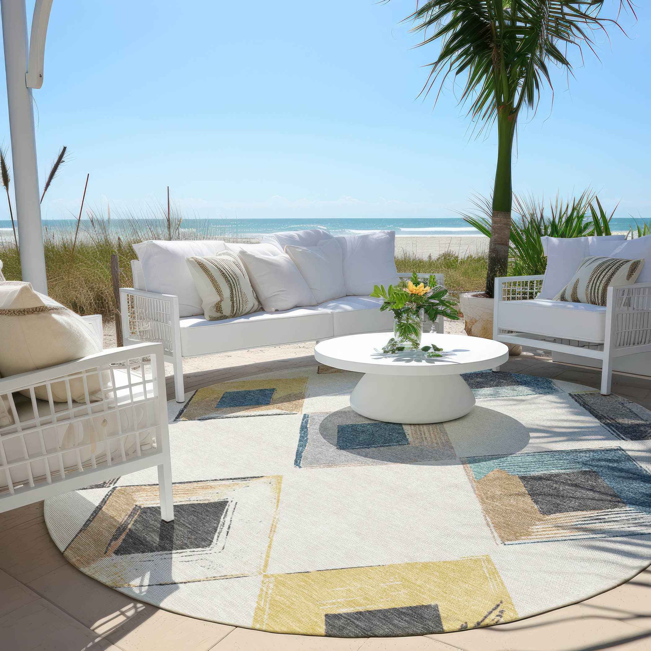 8' Ivory Gold And Gray Round Geometric Washable Indoor Outdoor Area Rug