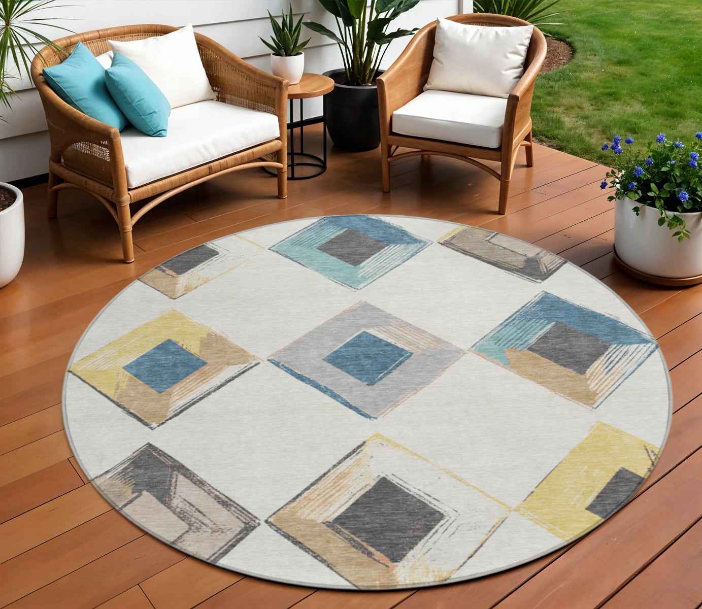 8' Ivory Gold And Gray Round Geometric Washable Indoor Outdoor Area Rug