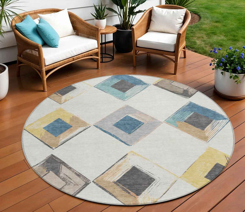 8' Ivory Gold And Gray Round Geometric Washable Indoor Outdoor Area Rug