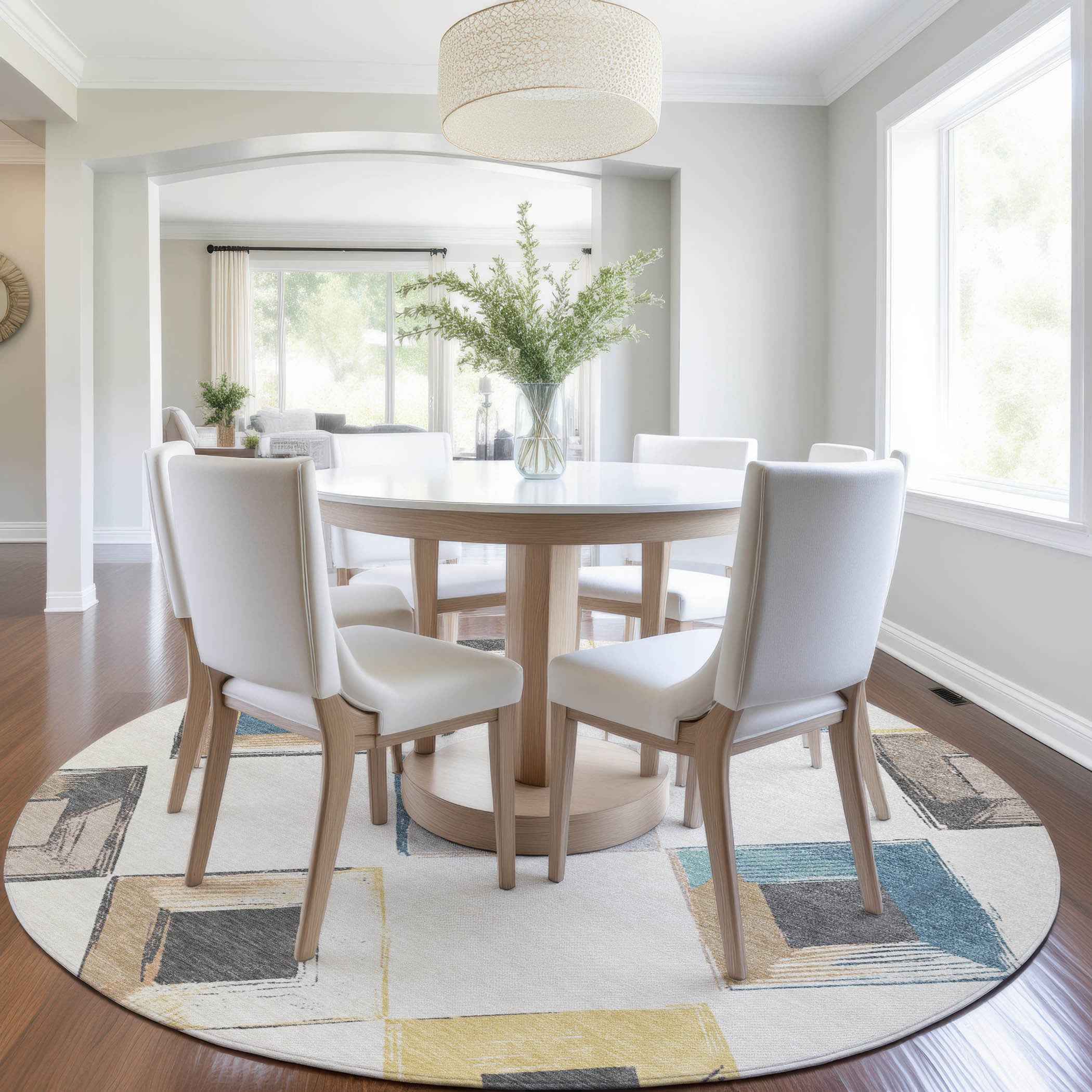 8' Ivory Gold And Gray Round Geometric Washable Indoor Outdoor Area Rug