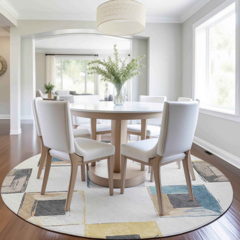 8' Ivory Gold And Gray Round Geometric Washable Indoor Outdoor Area Rug