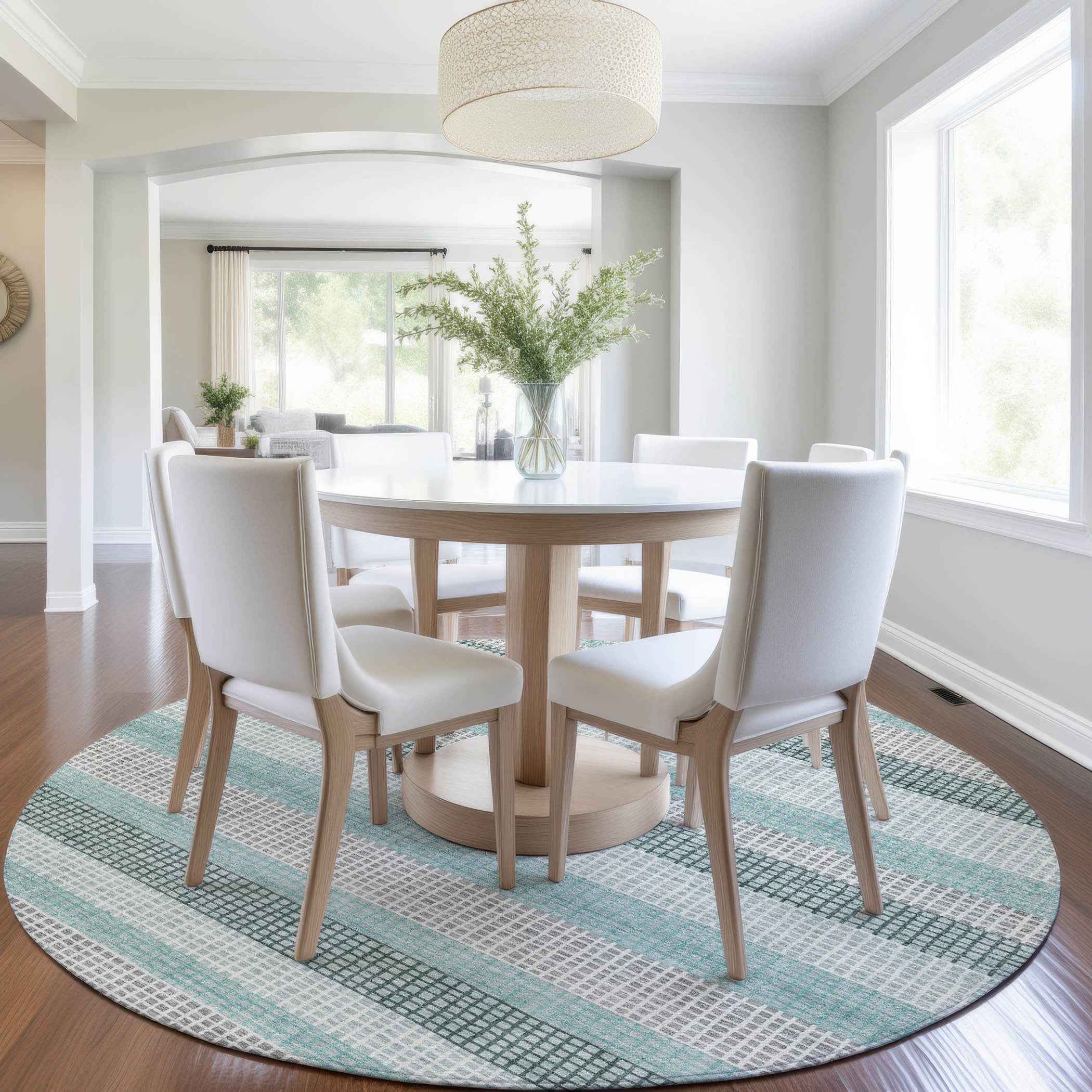 8' Teal Blue And Ivory Round Striped Washable Indoor Outdoor Area Rug