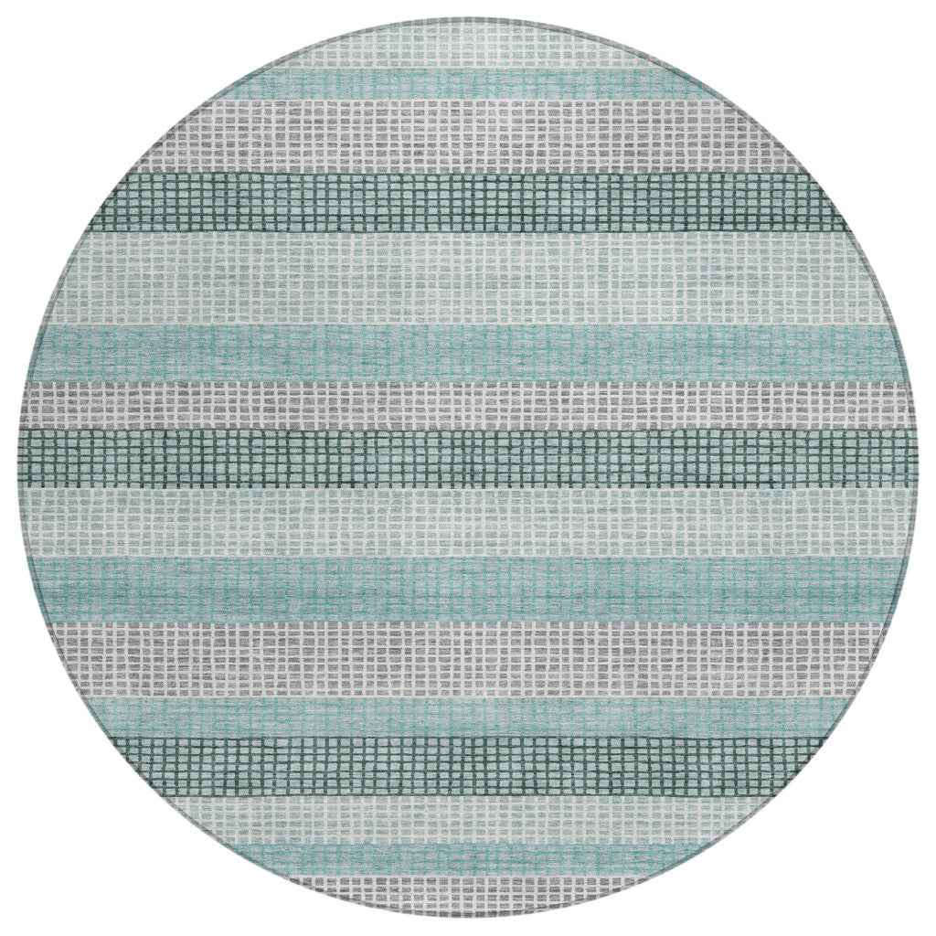 8' Teal Blue And Ivory Round Striped Washable Indoor Outdoor Area Rug