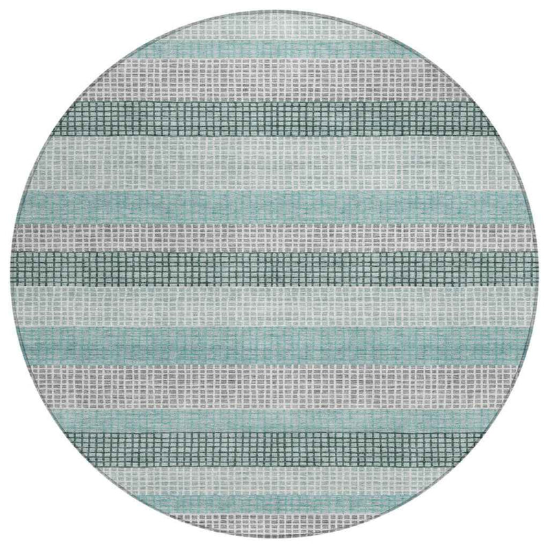 8' Teal Blue And Ivory Round Striped Washable Indoor Outdoor Area Rug