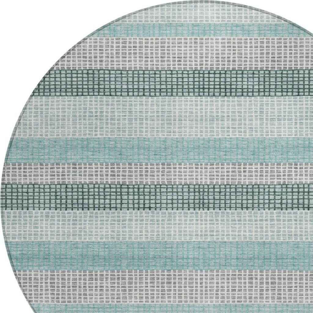 8' Teal Blue And Ivory Round Striped Washable Indoor Outdoor Area Rug