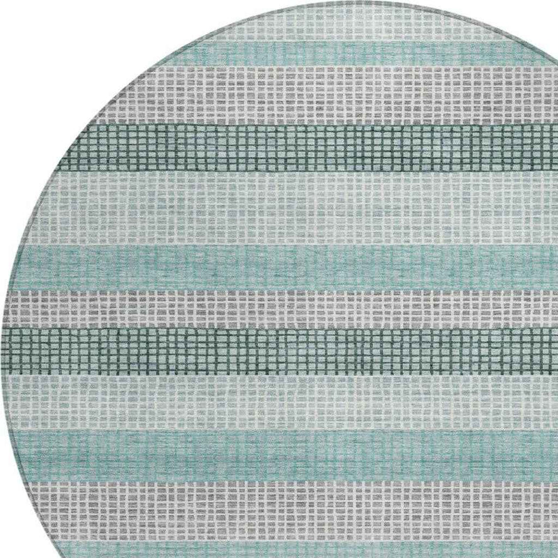 8' Teal Blue And Ivory Round Striped Washable Indoor Outdoor Area Rug