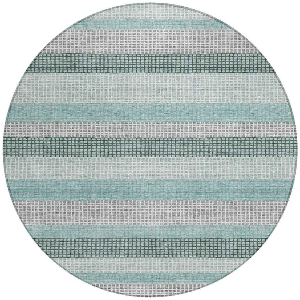 8' Teal Blue And Ivory Round Striped Washable Indoor Outdoor Area Rug