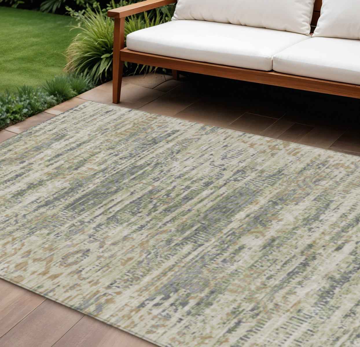 10' X 14' Artichoke Green And Beige Moroccan Washable Indoor Outdoor Area Rug