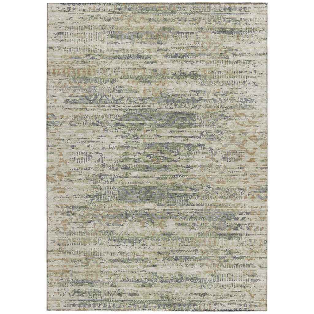 10' X 14' Artichoke Green And Beige Moroccan Washable Indoor Outdoor Area Rug