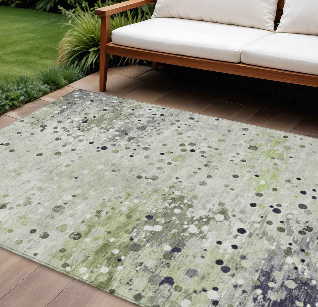 10' X 14' Artichoke Green And Purple Abstract Washable Indoor Outdoor Area Rug