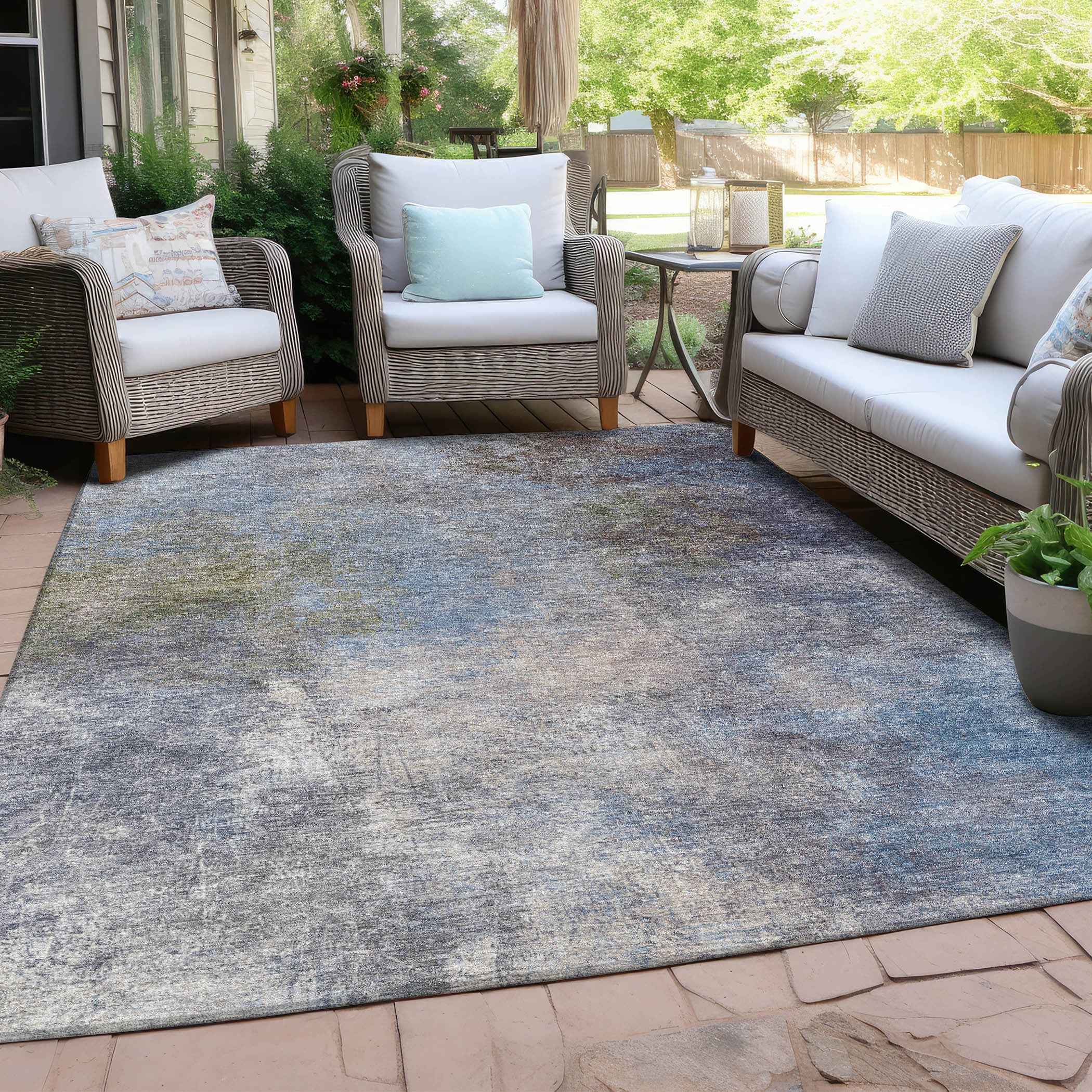 10' X 14' Denim Blue And Ivory Abstract Washable Indoor Outdoor Area Rug