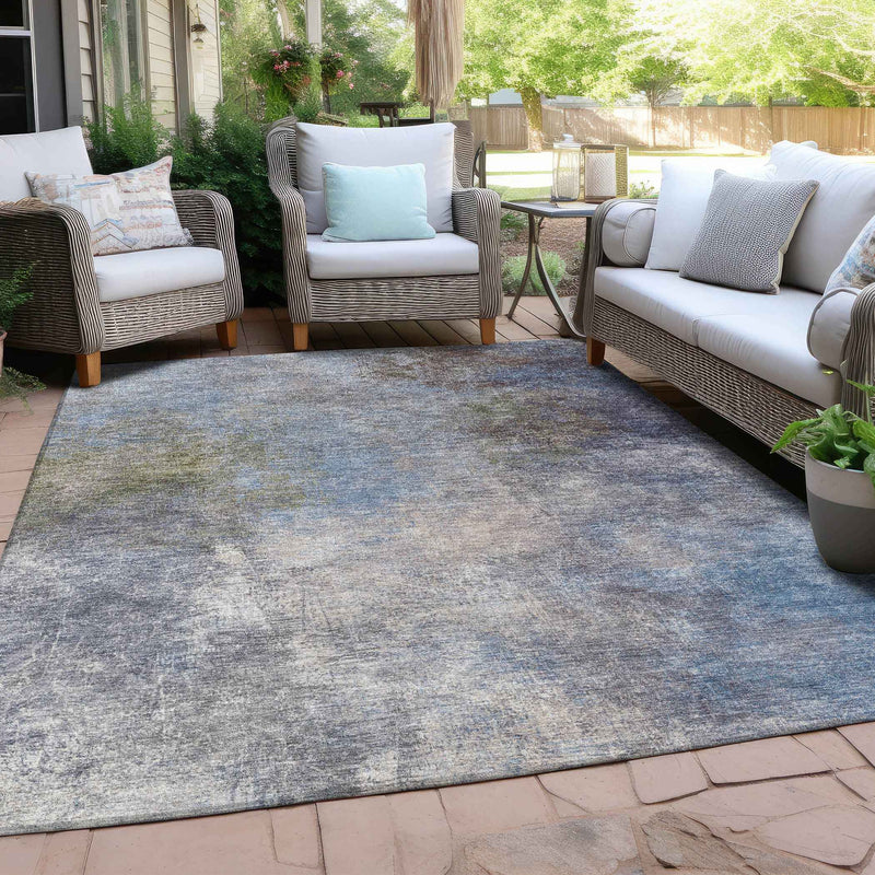 10' X 14' Denim Blue And Ivory Abstract Washable Indoor Outdoor Area Rug