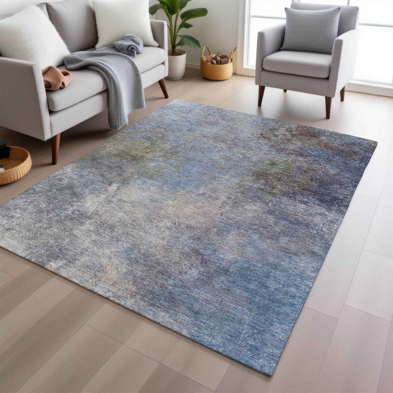 10' X 14' Denim Blue And Ivory Abstract Washable Indoor Outdoor Area Rug