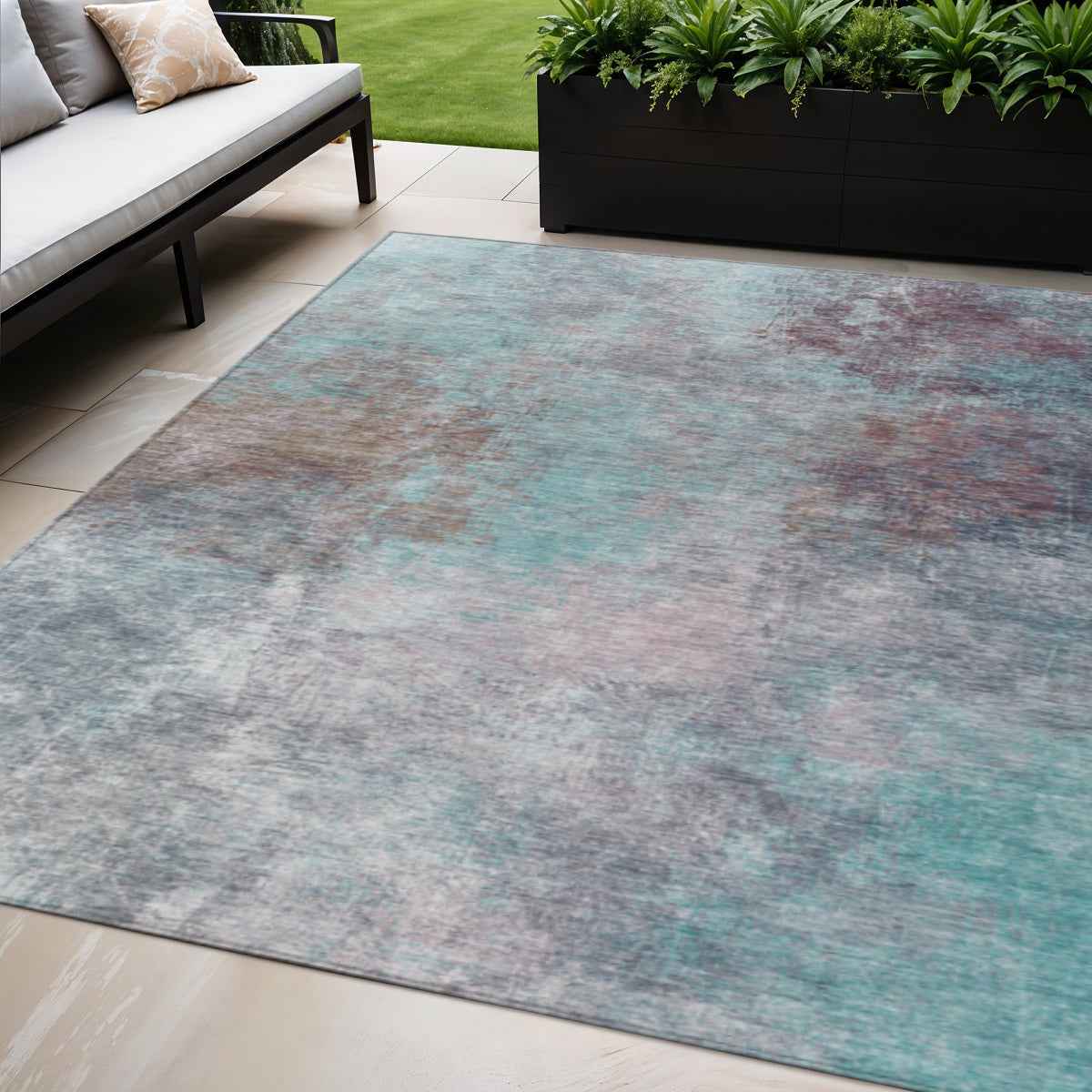 5' X 8' Teal Blue And Blush Abstract Washable Indoor Outdoor Area Rug