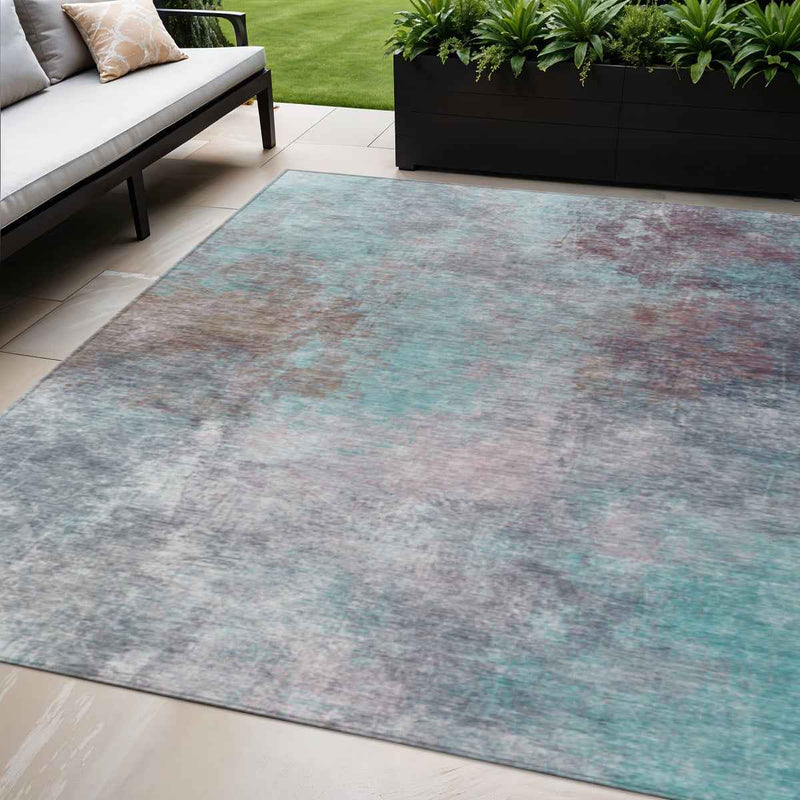 5' X 8' Teal Blue And Blush Abstract Washable Indoor Outdoor Area Rug