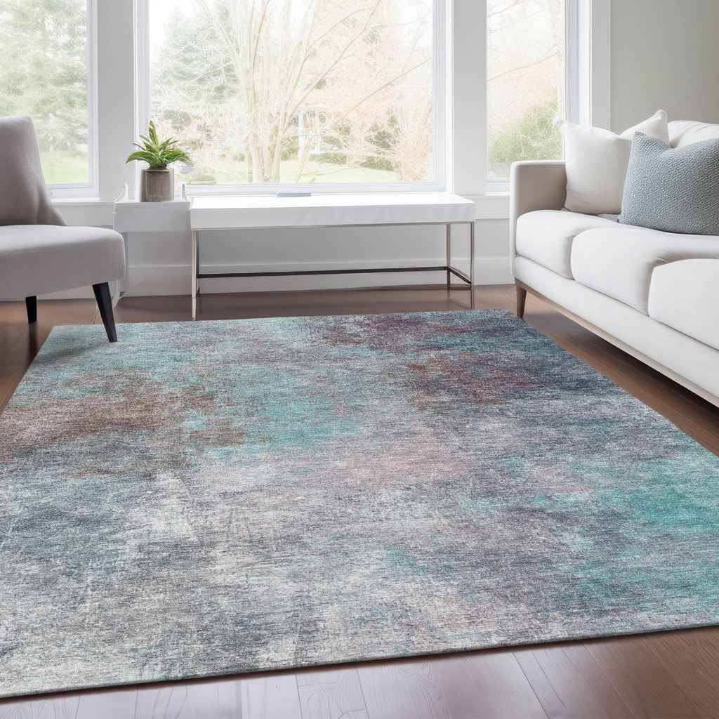 5' X 8' Teal Blue And Blush Abstract Washable Indoor Outdoor Area Rug
