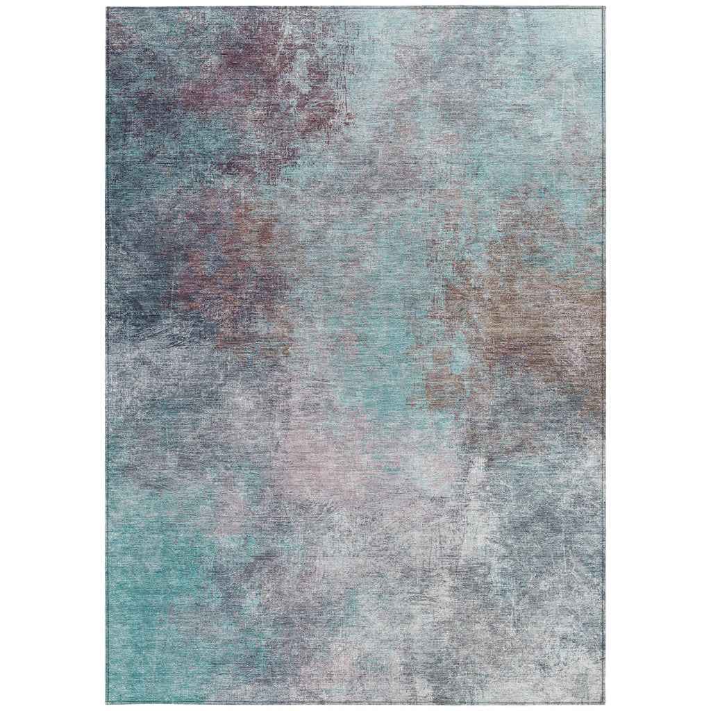 5' X 8' Teal Blue And Blush Abstract Washable Indoor Outdoor Area Rug