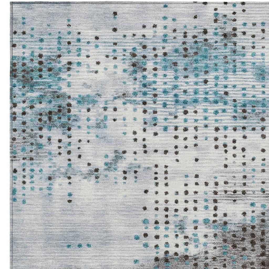 9' X 12' Teal Blue And Brown Geometric Washable Indoor Outdoor Area Rug