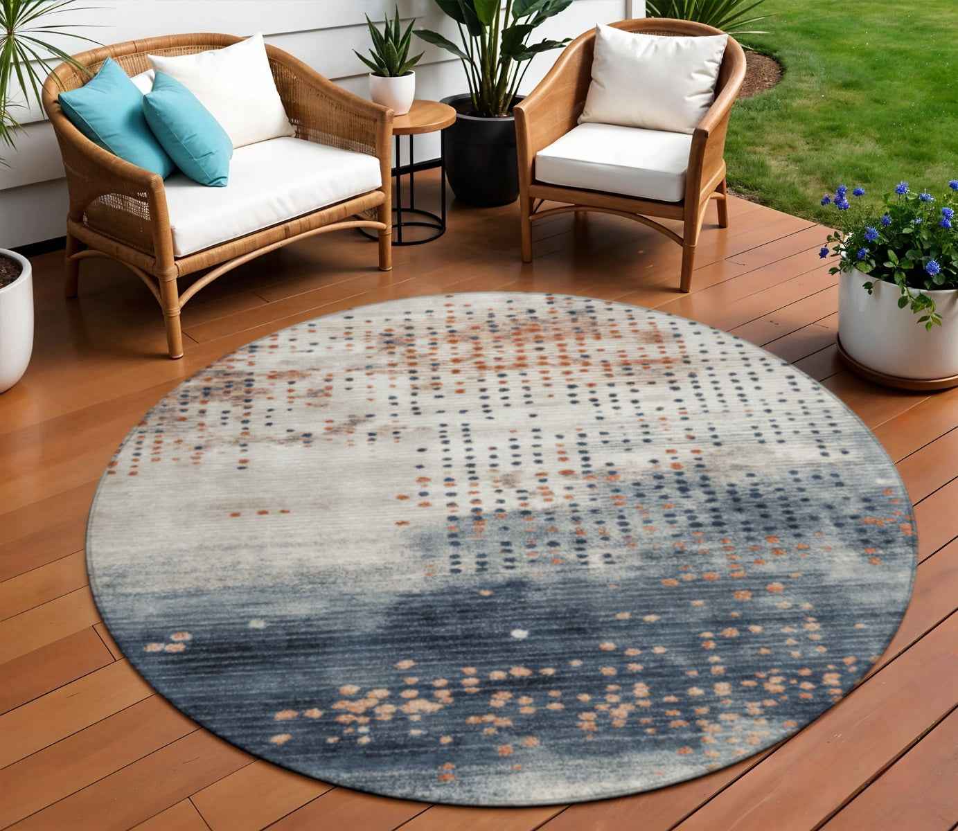 8' Linen And Navy Blue Round Geometric Washable Indoor Outdoor Area Rug