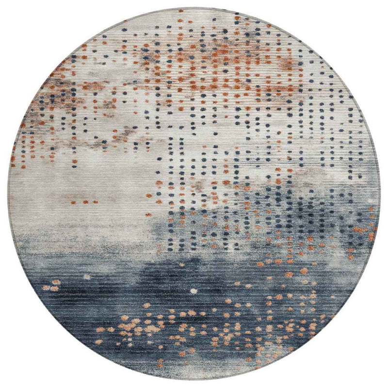 8' Linen And Navy Blue Round Geometric Washable Indoor Outdoor Area Rug