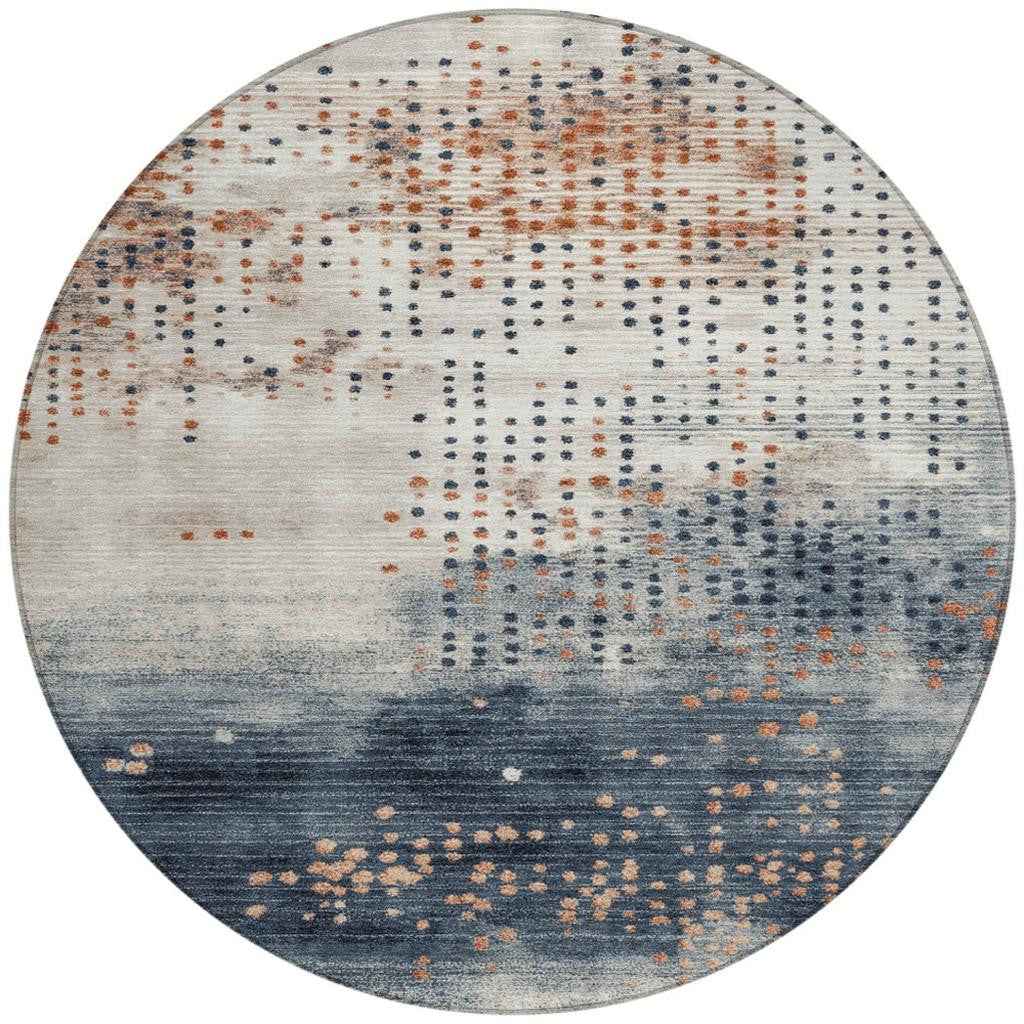 8' Linen And Navy Blue Round Geometric Washable Indoor Outdoor Area Rug