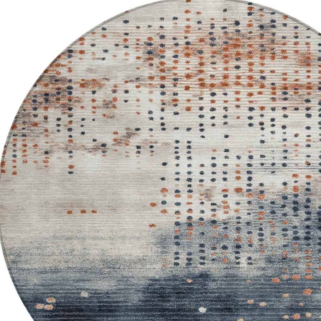 8' Linen And Navy Blue Round Geometric Washable Indoor Outdoor Area Rug