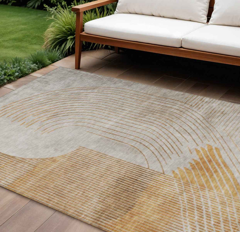 10' X 14' Gold And Ivory Geometric Washable Indoor Outdoor Area Rug