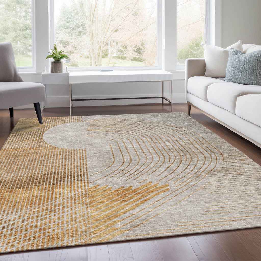 10' X 14' Gold And Ivory Geometric Washable Indoor Outdoor Area Rug