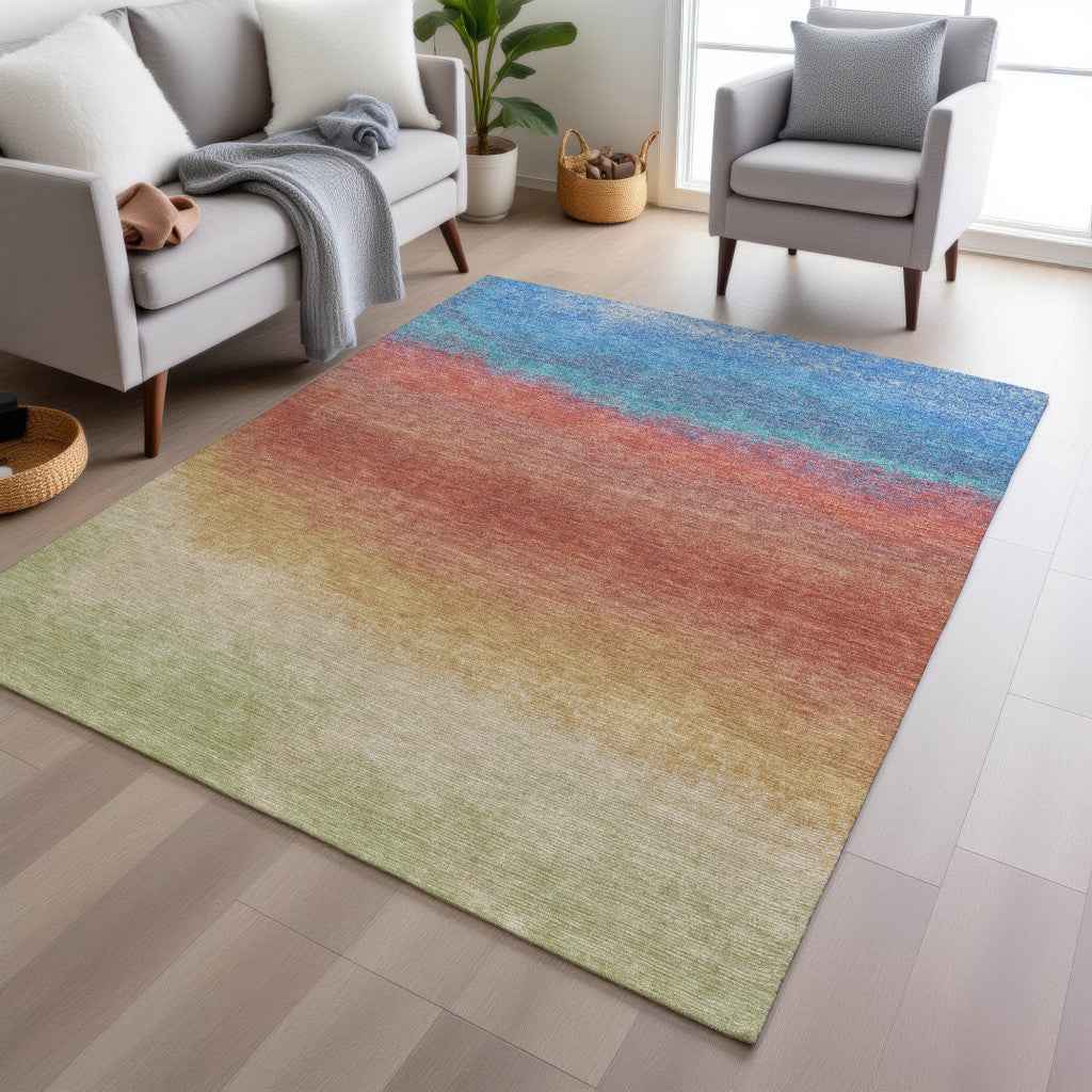 10' X 14' Coral And Blue Ombre Washable Indoor Outdoor Area Rug