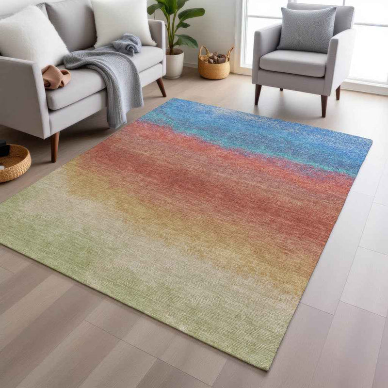 10' X 14' Coral And Blue Ombre Washable Indoor Outdoor Area Rug